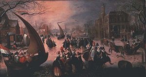En landsby om vinteren med herre-is-sejlads af David Vinckboons