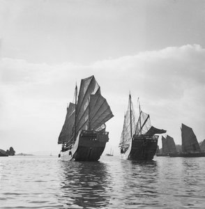 Two Yeungkong fisher type junks under sail at Aberdeen, Hong Kong