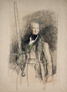 Jarlen af Morton med statssværdet, 1824 (sort og rødt kridt med wc og kropsfarve på gråligt papir)
