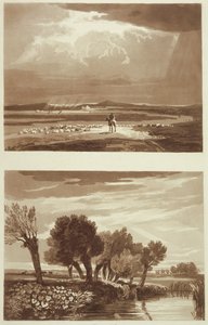 An Effect after a storm... and Transient Effect, View in Battersea Marsh, illustrationer fra A Treatise on Landscape and Effect in Water Colours, 1841 (akvatint) af David after Cox