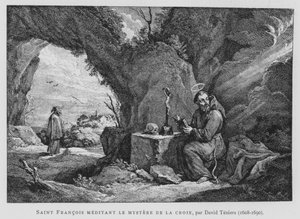 Sankt Frans mediterer over korsets mysterium (litho)