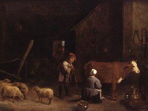 En hyrdedreng taler med en mælkepige i en kostald af David Teniers the Younger