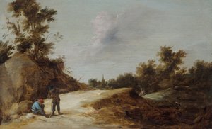 Bønder hviler på en sti i et klippefyldt, skovklædt landskab af David Teniers the Younger