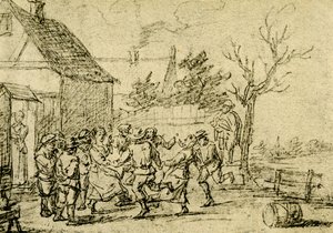 Bønder danser foran et hus af David Teniers the Younger