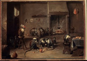 Aber i køkkenet. Maleri af David Teniers den yngre (1610-1690). Olie på lærred, 36 x 50,5 cm, ca. 1640. Flamsk kunst, barokkunst. Eremitagemuseet, Sankt Petersborg. af David Teniers the Younger