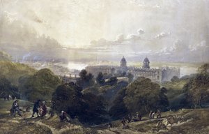 Udsigt over Greenwich (England), en sommeraften, fra parkens højder, bagved ses Londons skyline