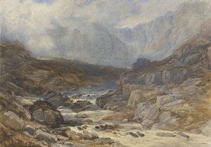 Walisisk bjergscene med Torrential River (akvarel med kropsfarve og sort kridt på papir)