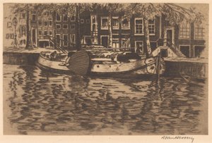 Kanal med fortøjet sejlbåd af David van Hessen (signed by artist)