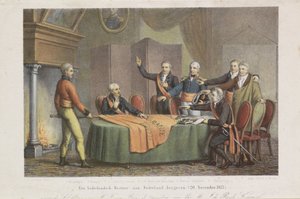 Accept af den høje regeringstid af triumviratet i prinsen af ​​Oranges navn, 21. november 1813 Gendan en hollandsk regering til Holland. (20. november 1813) (titel på objekt)