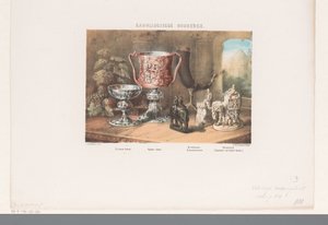 Karolingiske kopper, drikkehorn og figurer karolingiske oldsager«; Kopper, drikkehorn og skakbrikker (titel på objekt) af David van der Kellen
