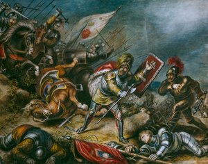 Et maleri forestiller Richard III, der kæmper til fods på Bosworth Field. Kunstværk.