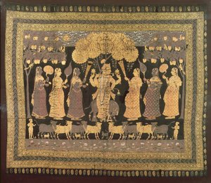 Krishna og hans Gopis (ugennemsigtig akvarel, guld og sølv på farvet bomuld)
