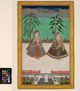 To kvinder fra Tana Shahs harem fra Golconda, ca. 1800 (ugennemsigtig akvarel og guld på papir, monteret på en albumside)