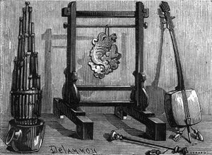 Kinesiske musikinstrumenter: orgel, lydsten og violin.