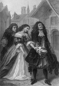 Skuespil Monsieur de Pourceaugnac af Moliere: Monsieur de Pourceaugnac, Julie og Oronte, kobberstik af Delannoy efter tegning af G. Staal (1870)