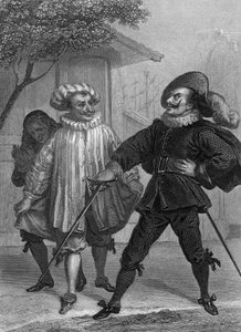 Spil Scapins planer af Moliere: Argante, Scapin og Sylvestre, kobberstik af Delannoy efter tegning af G. Staal (1870)