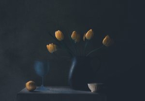 Stilleben med stemningsfulde gule tulipaner