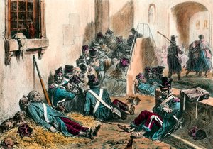 Tyfus under Napoleonskrigene Soldater fra den franske hær lider af feber forårsaget af sygdom. Gravering af Denis Auguste Raffet (1804-1860) 1800-tallet. Privat samling