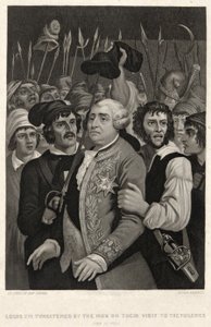 Ludvig XVI truet af pøbelen under deres besøg i Tuilerierne, 20. juni 1792, indgraveret af John Sartain (gravering) af Denis Auguste Marie (after) Raffet