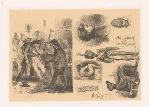 Gruppe af mænd, ved siden af ​​en komposition inklusive en soldat croquis; Scener af revolutionen