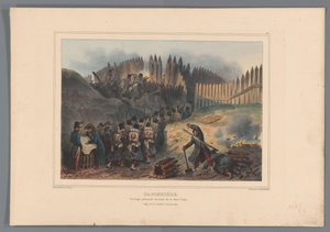 Gruppesoldat trækker døren til en åbning i de palisade, 1832 Caponier, palisaderet værk foran halvmånen (titel på objekt) Tegninger lavet af livet ved belejringen af ​​Citadellet i Antwerpen af ​​Raffet (serietitel på objekt) af Denis Auguste Marie Raffet