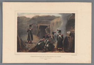 Militær ved een mijngang, 1832 Kommunikation af grøftnedstigning (titel på objekt) Tegninger lavet af livet ved belejringen af ​​Citadellet i Antwerpen af ​​Raffet (serietitel på objekt) af Denis Auguste Marie Raffet
