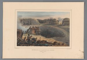 Militairten binnen een bastion, 1832 Interiør af Bastionen i Toledo (titel på objekt) Tegninger lavet af livet ved belejringen af ​​Citadellet i Antwerpen af ​​Raffet (serietitel på objekt) af Denis Auguste Marie Raffet
