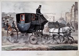 Offentlig transport i det 19. århundrede: en kabine i gaderne i Paris (farvet indgravering)