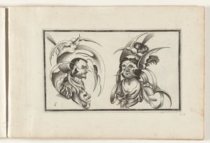 Mandlige og kvindelige hoveder med groteske hatte og kraver Hovedbeklædningsdesign (serietitel) Ouvrage sjældne et nouveau, contenant plusieurs desseins de merveilleuse rekreation sous diverses caprices et gentillesses representees en l
