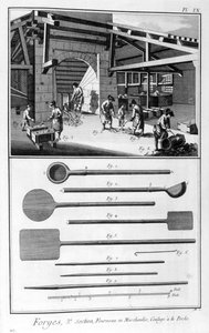 En smedje, ovn, der hælder ind i støbningen, 1751-1777