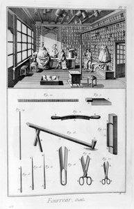 Bundmagerbutik med muffeforede vægge og skind hængt fra spærene, 1751-1777