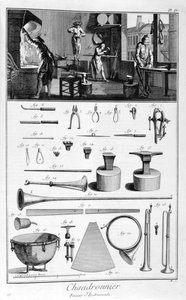 Interiør af en isenkræmmer og tegninger af instrumenter, 1751-1777