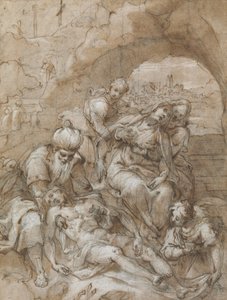 Aflejring, ca. 1595 (sort kridt, kuglepen & brunt blæk, wc og hvid forhøjning, firkantet til overførsel med sort kridt, på lagt papir) af Denis Calvaert