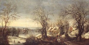 Et omfattende skovklædt landskab om vinteren med skatere på en frossen vandvej, en pilgrim og et helligdom udenfor af Denys van Alsloot