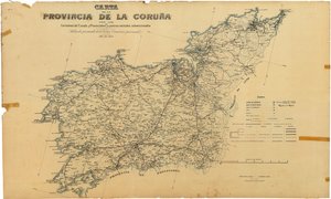 Kort over provinsen A Coruña med stats- og provinsveje og subsidierede naboveje. Udgivet efter aftale med Hans Excellence. Provinskommissionen af Deputación da Coruña