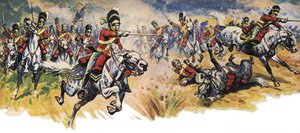 "Ind i dem, Greys!" Unionsbrigadens (kavaleriets) angreb i slaget ved Waterloo (farvelitografi)