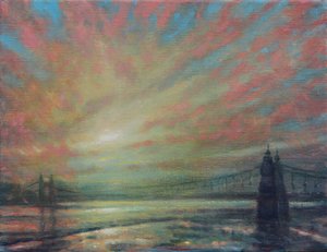 Sunset At Hammersmith Bridge, 2022 (Olie on Canvas) af Derek Hare