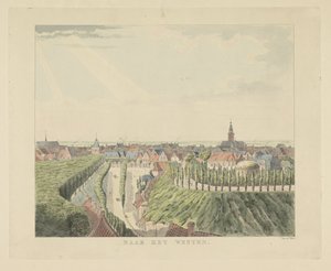 Nijmegen, udsigt fra Belvédère mod vest Mod vest (titel på objekt) Seværdigheder omkring byen Nijmegen (serietitel) Geldersch panorama eller rund udsigt over livet tegnet på belvedere i Nymegen (serietitel)
