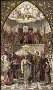 Sankt Remigius døber Clovis i Reims - Dåben af frankernes konge Clovis I (466-511) i Reims af Eveque Saint Remi den 25/12/496 (eller 499) - gravering efter maleriet af Desire Francois Laugee af Desire Francois Laugee
