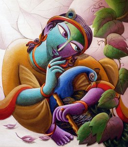 Lord Krishna med påfugl af Dhananjoy Mukherjee