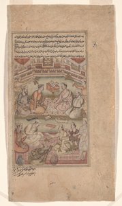 Hinduistiske og muslimske lærde oversætter Mahabharata fra sanskrit til persisk, illustration fra Razmnama (krigens bog) 1598-99 (blæk og farve på papir) af Dhannu fl.1580-1600 Dhannu fl.1580-1600