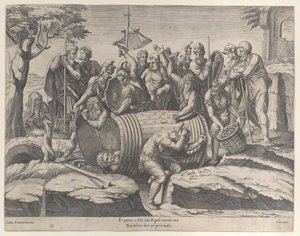 Marcus Atilius Regulus i en tønde, mens to mænd hamrer sømmene i, diverse fi..., 1555-77.