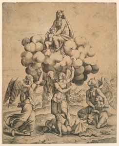 Ærkeenglene Michael, Gabriel og Raphael tilbeder Madonnaen og barnet