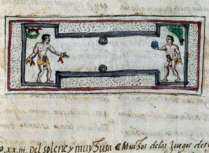 Aztekerne spiller pelota, miniature fra History of Indies (Historia de las Indias) af Diego Duran (1537-1588), manuskript fra 1579