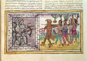 Codex Duran: Pedro de Alvarado (ca. 1485-1541) våbenledsager af Hernando Cortes (1485-1547) belejret af aztekiske krigere