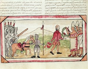 Fol.208v Møde mellem Hernando Cortes (1485-1547) og Montezuma (1466-1520), miniature fra 
