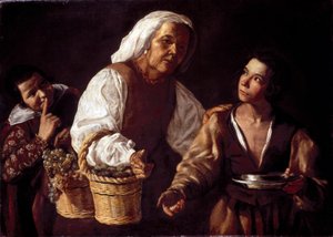 De to drenge og den gamle frugtkvinde eller den gamle frugtsælger. Maleri af Diego Rodriguez af Silva Velazquez (Velasquez af Diego Rodriguez de Silva y (attr. to) Velazquez