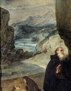Sankt Antonius og Sankt Pauls eremit. Detalje, der afbilder Sankt Antonius den Store (eller Sankt Antonius Eremitten eller Sankt Antonius Abbe) og landskabet. Maleri af Diego Rodriguez de Silva y Velasquez (1599-1660), ca. 1635. Olie på lærred. Dimension:  af Diego Velázquez