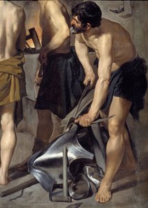 Vulcans smedje, detalje. En af smedene arbejder på rustning. Maleri af Diego Velasquez (1599-1660) 1630 søn. 2,23x2,90 m Madrid, Prado-museet af Diego Velázquez
