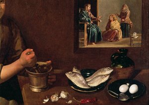 Køkkenscene med Kristus i Martha og Marias hus (detalje af Mad på bordet med Kristus, Martha og Maria i baggrunden, se 99423), ca. 1618 af Diego Velázquez